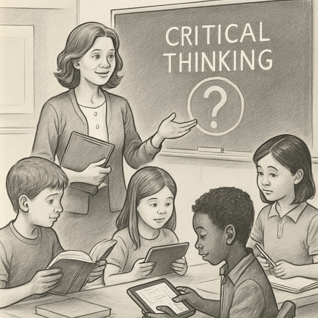 A teacher conducting a critical thinking exercise with students, integrating Chromebooks.