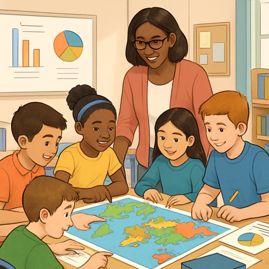 K-12 students in a classroom activity fostering global awareness.