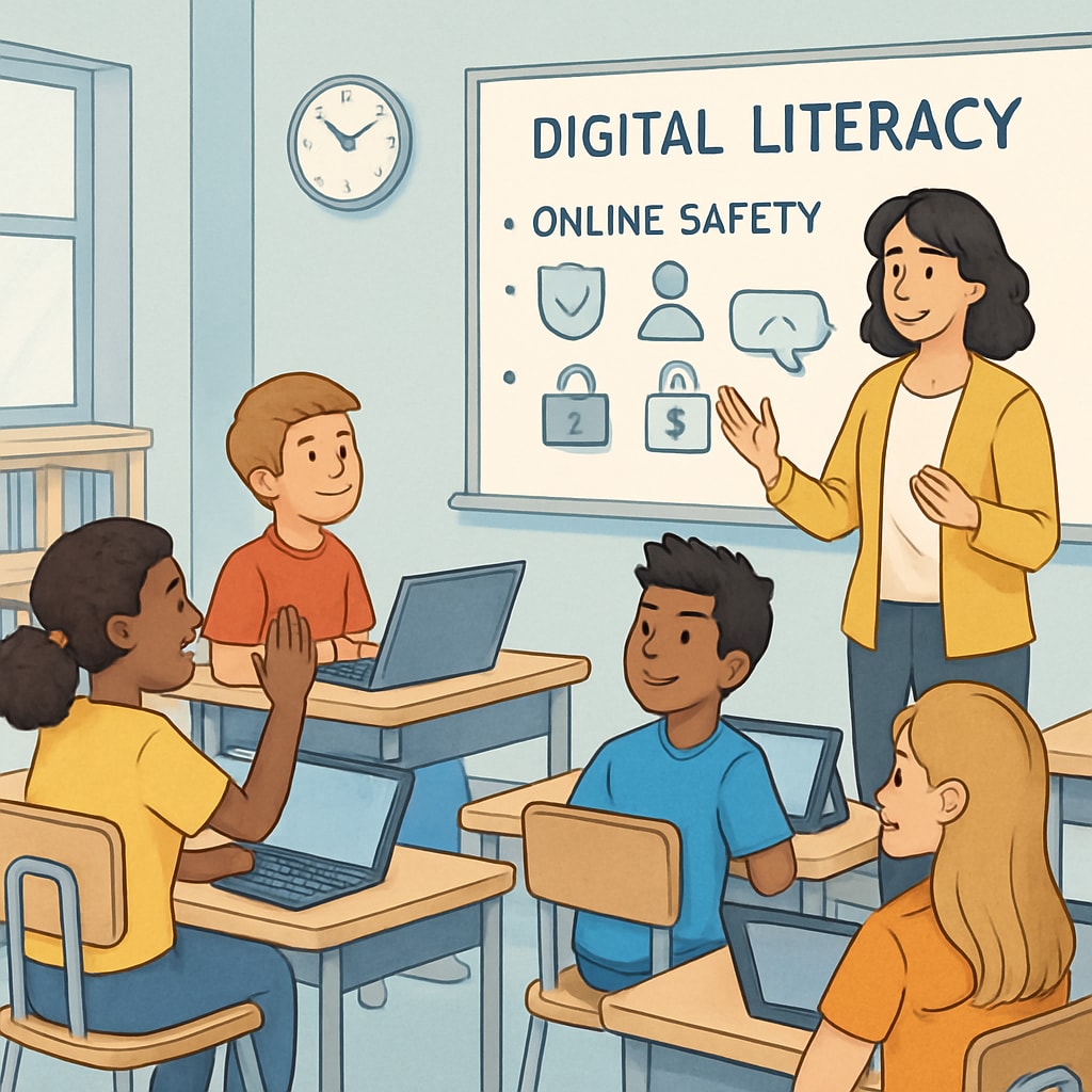 Classroom teaching digital literacy in context of age verification laws.