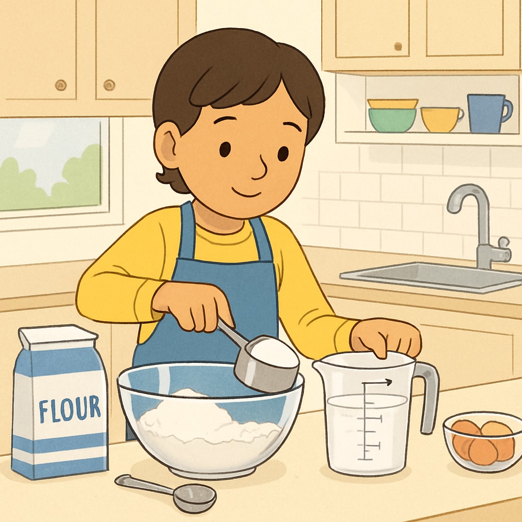 A child using math to measure ingredients, showing math's real-life relevance.