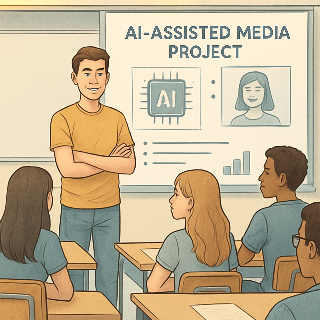 High school student showcasing AI-assisted media literacy project in class
