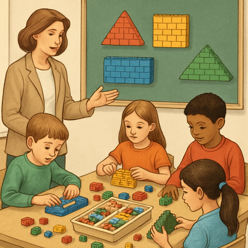 Children building geometric shapes with LEGO bricks to learn math concepts.