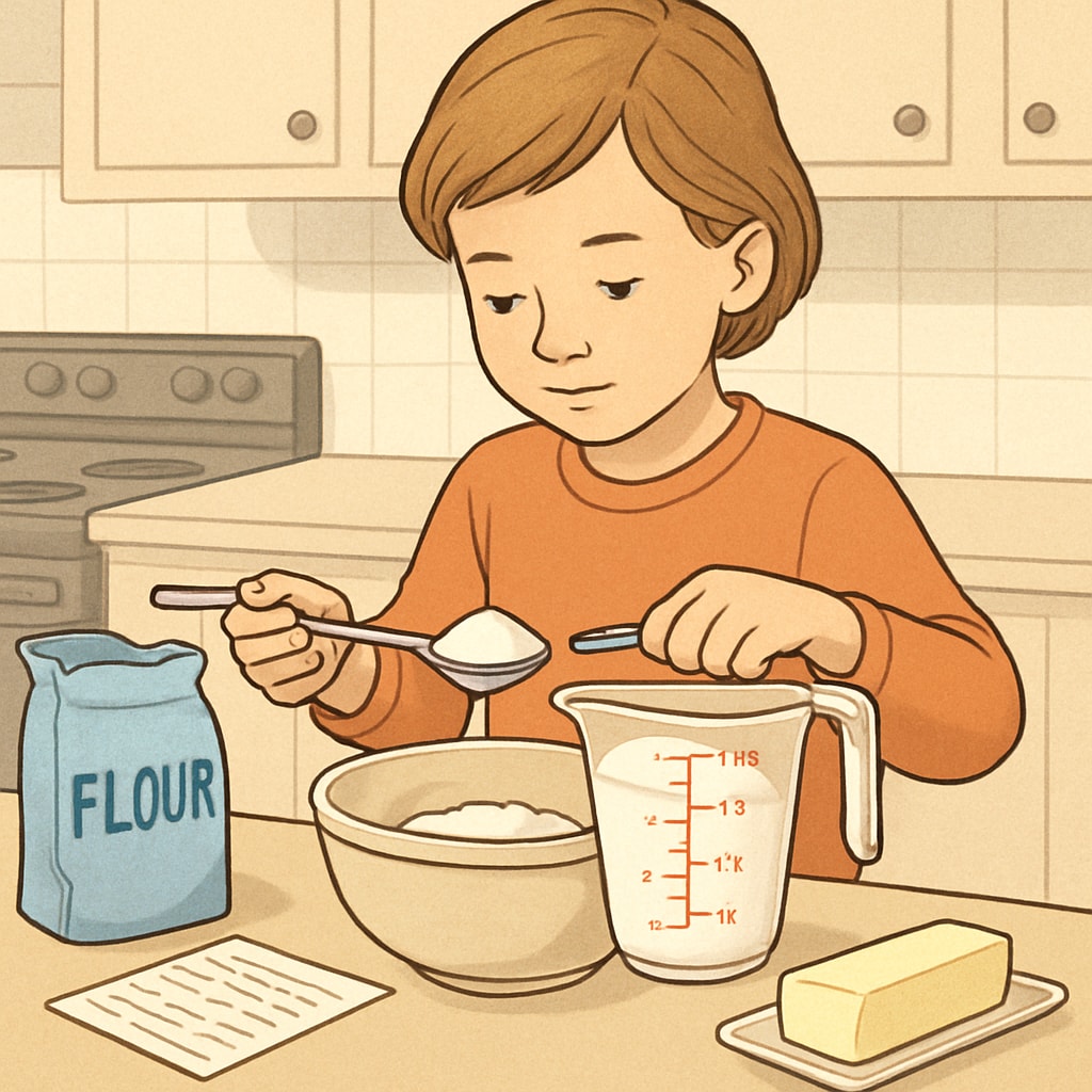 A child measuring ingredients while baking, representing the application of math in daily life. Practical application of math education in a child-friendly activity.