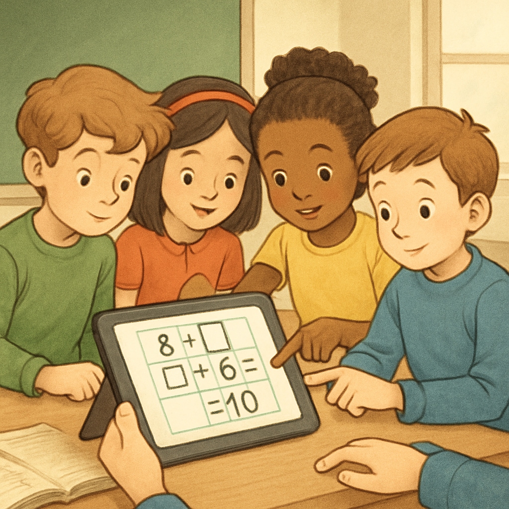 A group of children solving a fun math puzzle on a tablet, highlighting interactive learning. Interactive math learning as part of fostering learning motivation.