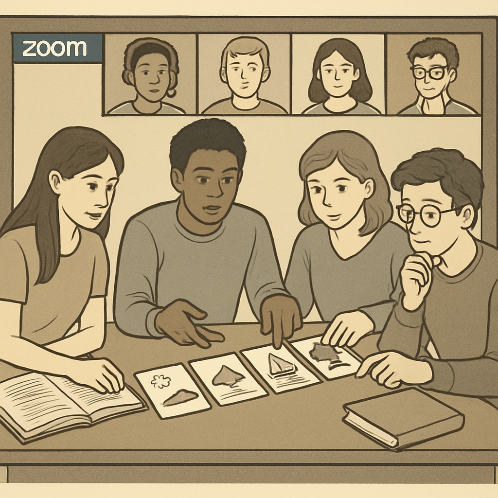 Students collaborating on a Zoom activity to determine the correct sequence of images.