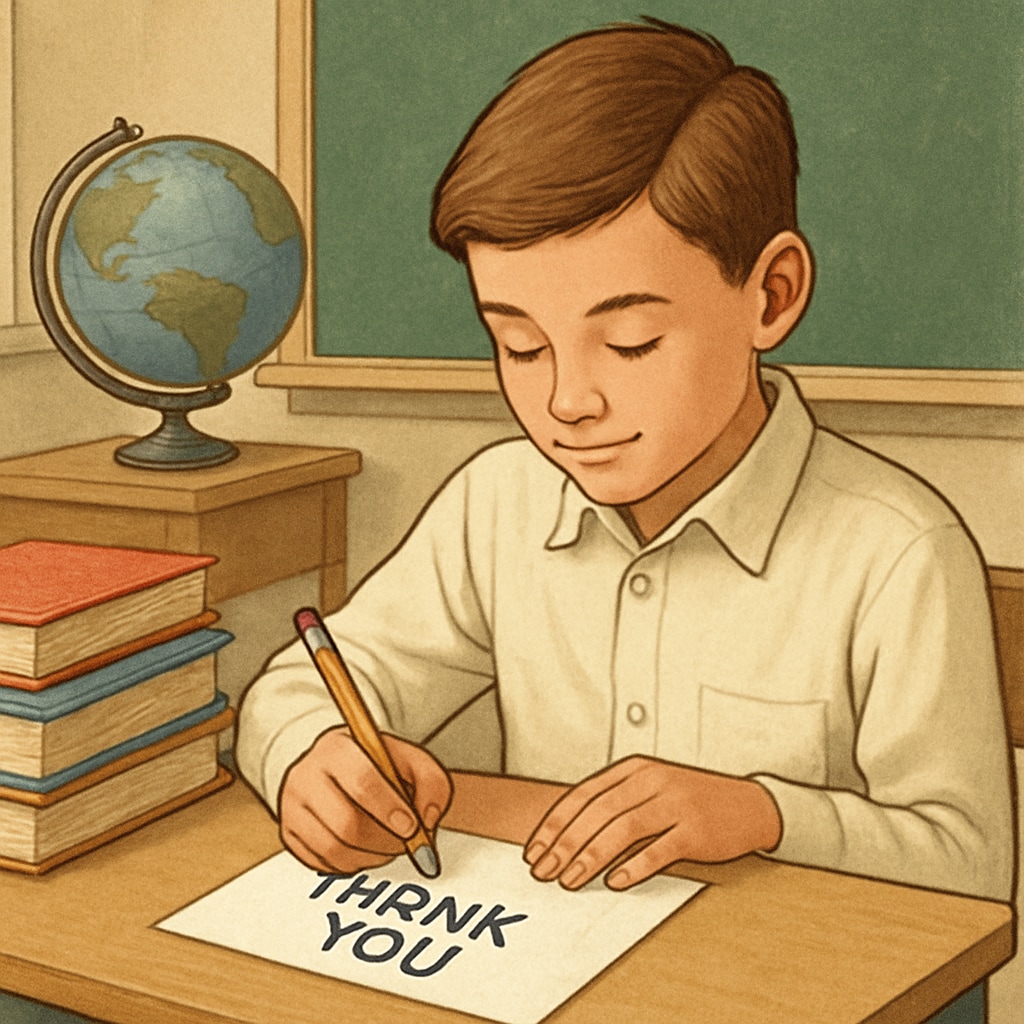 Student expressing gratitude to teacher through a thank-you note.