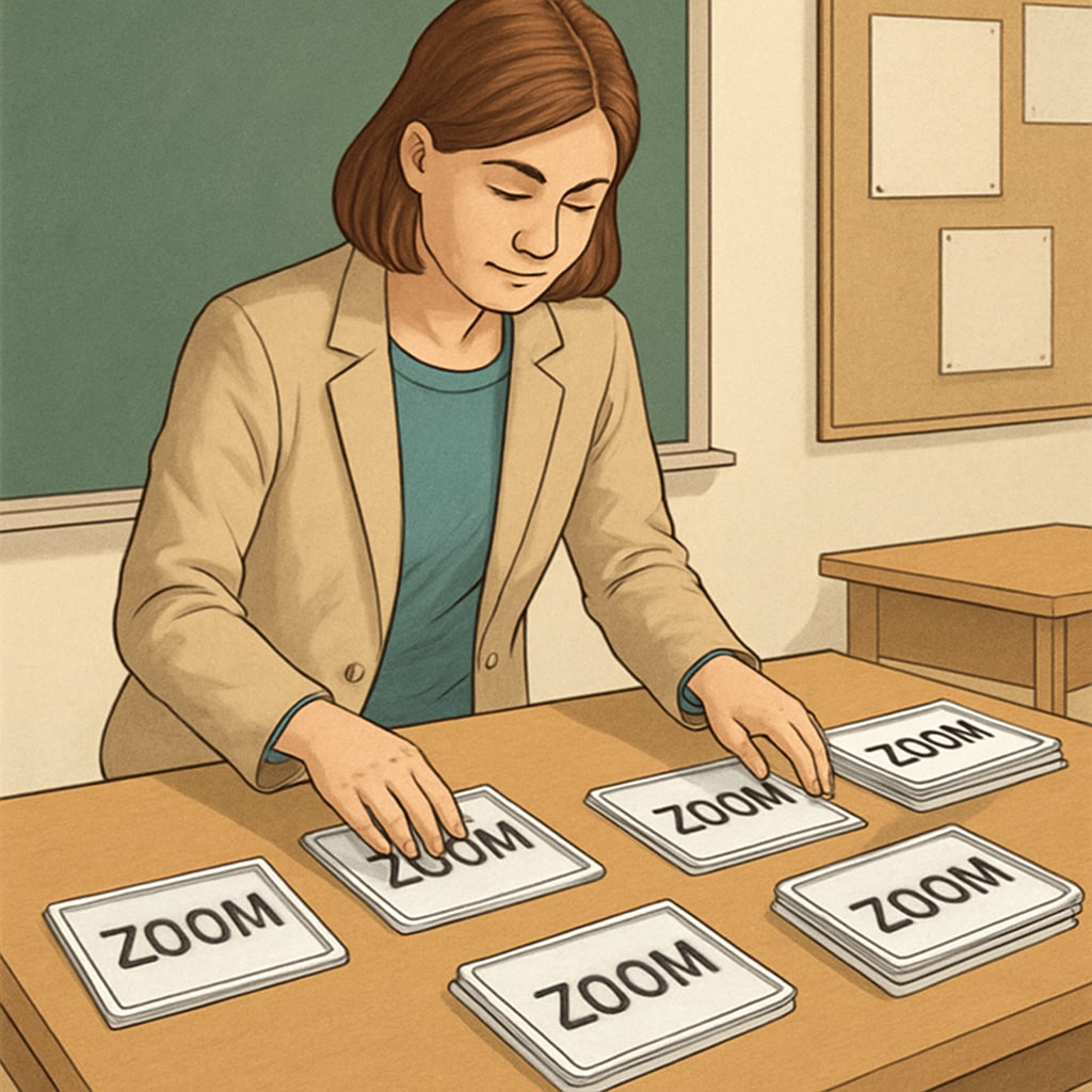 Teacher preparing Zoom activity cards for a classroom session.