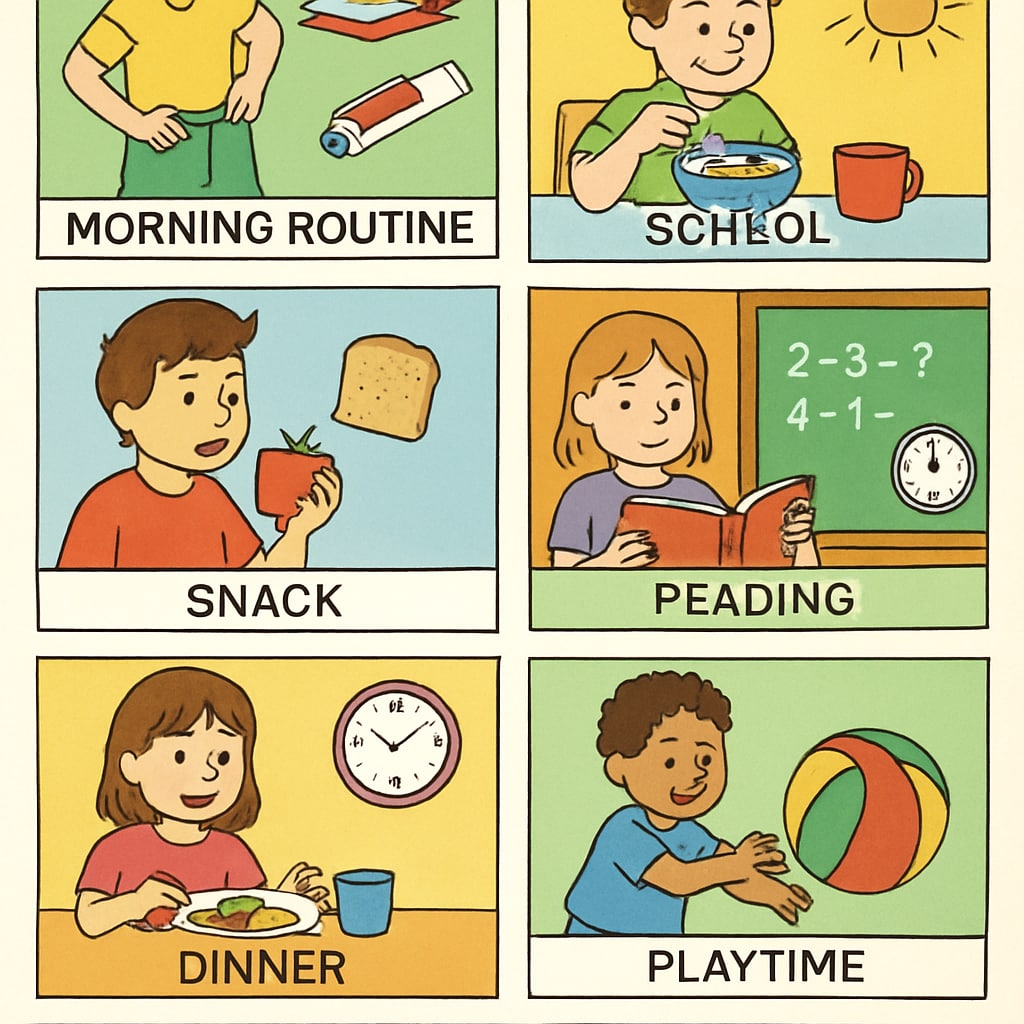 Visual schedule with icons for ADHD and ASD children, illustrating structured routines.
