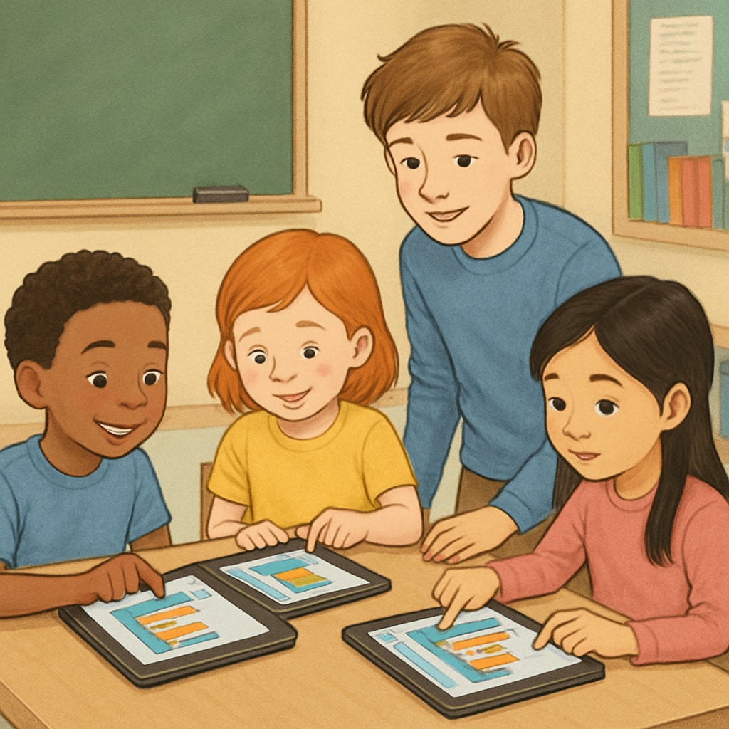 Students from kindergarten and fourth grade engaged in a fun coding game.
