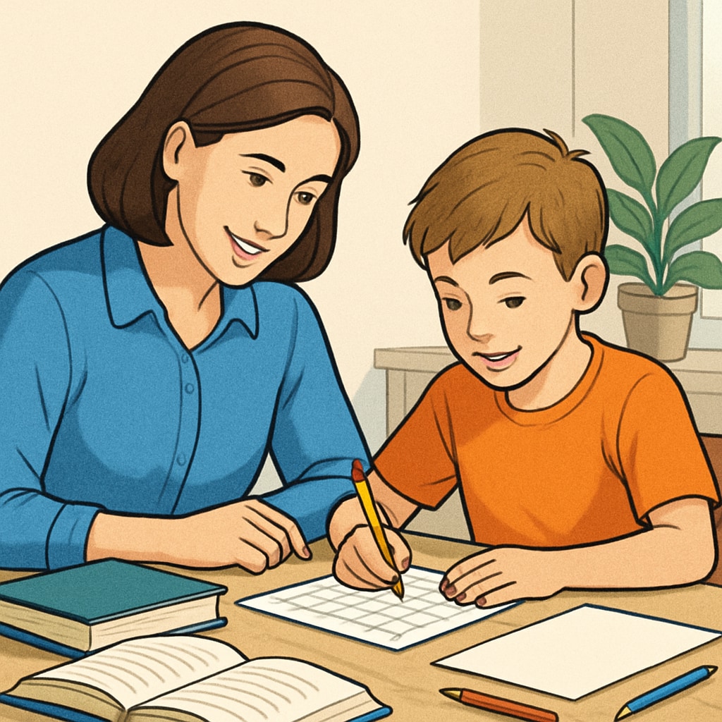 Parent and child engaging in a home learning activity, discussing study strategies.