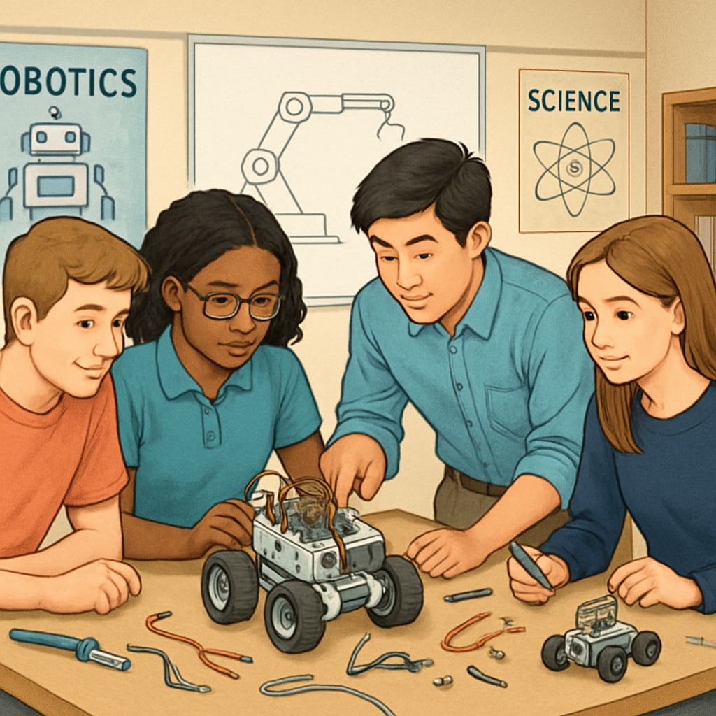 High school student working on robotics project in engineering class.