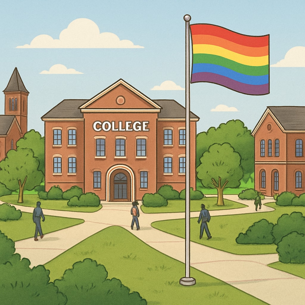 College campus with rainbow flag representing LGBTQ+ inclusivity.