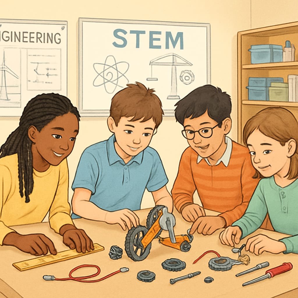 Students solving an engineering challenge in a STEM workshop.