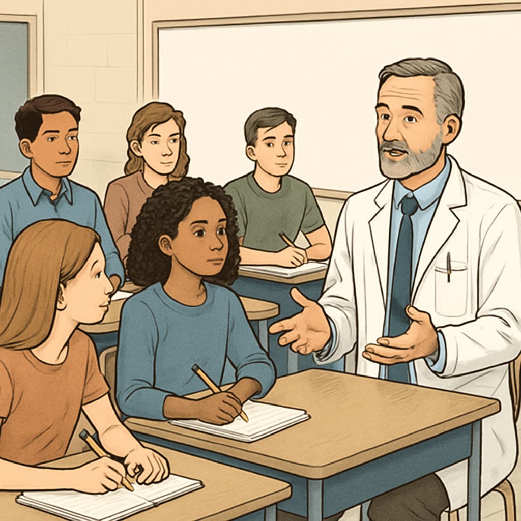 High school students conducting a doctor interview as part of a career guidance program.