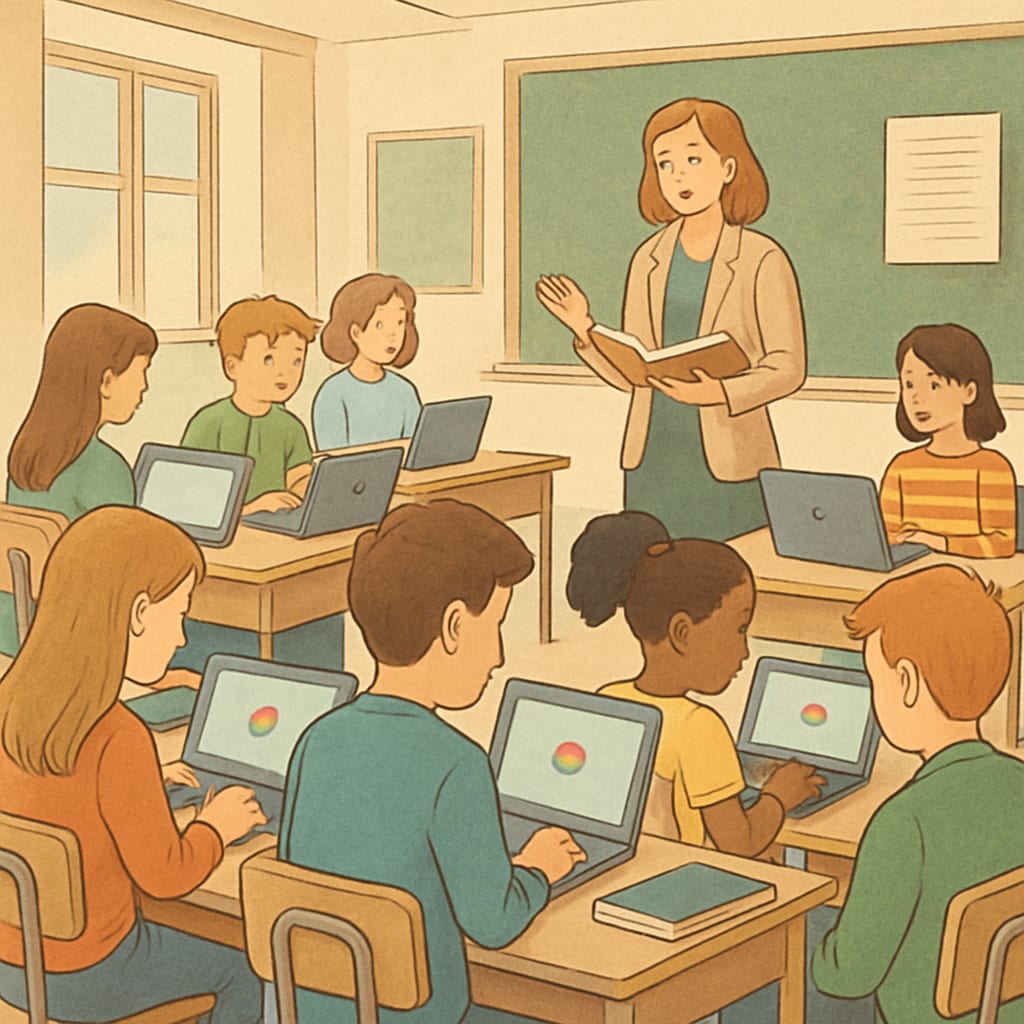 Students using Chromebooks during a classroom lesson, representing education technology.