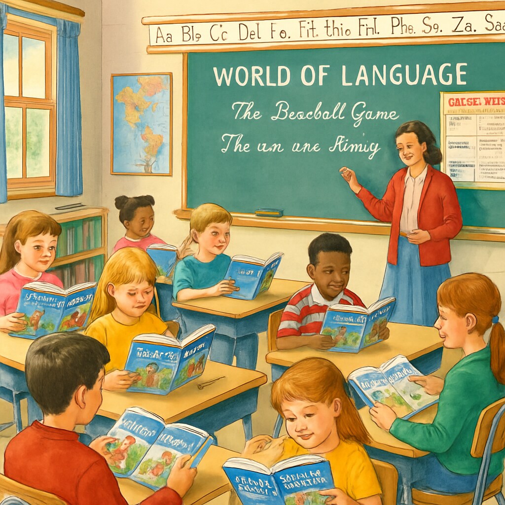 Students in a 90s classroom engaging with *World of Language* textbooks during a language arts lesson.