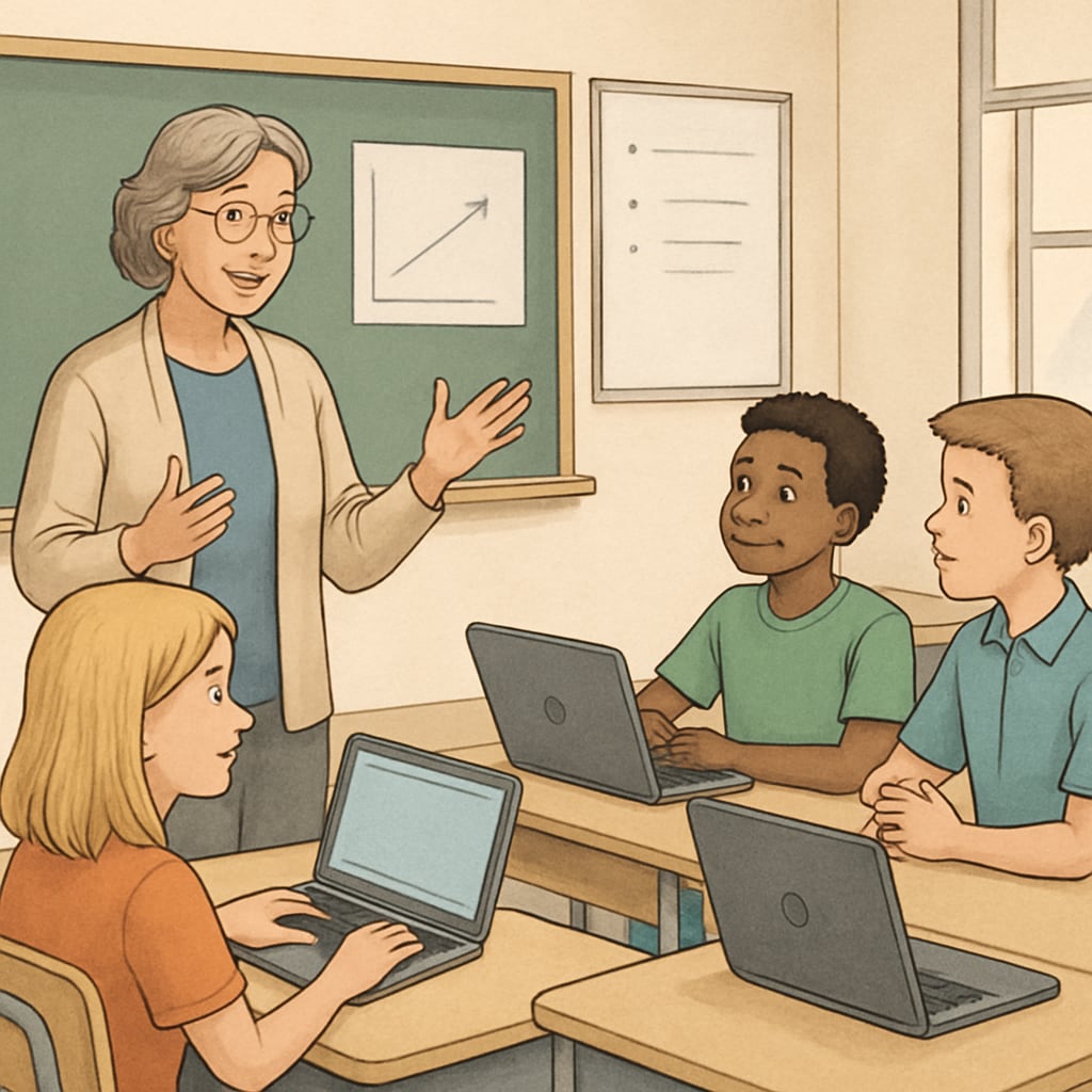 A teacher engaging students in a discussion in a classroom with Chromebooks.
