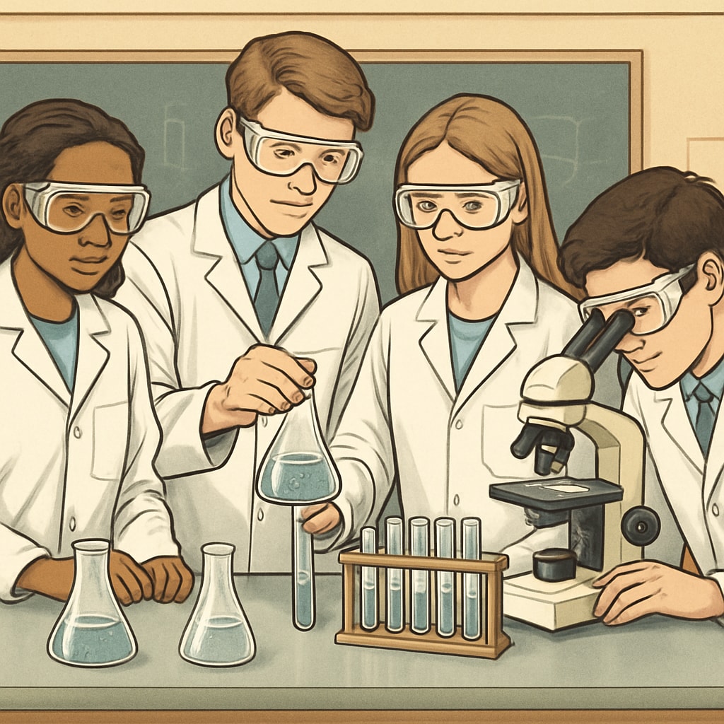 High school students conducting a science experiment related to medical career preparation.