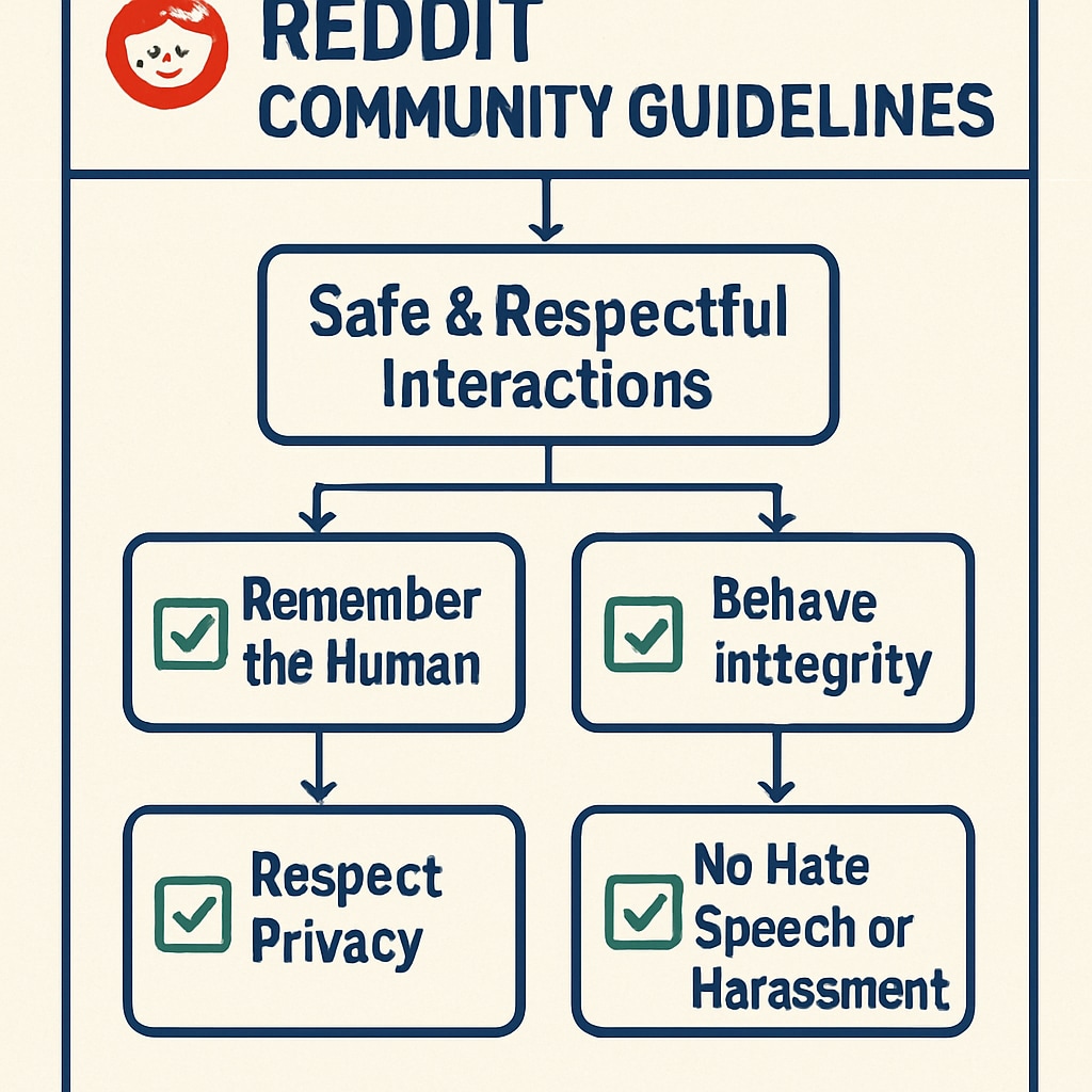 A visual representation of Reddit's community guidelines, such as a flowchart or checklist, emphasizing safe and respectful interactions. Image showcasing Reddit’s community rules for safe and collaborative engagement.