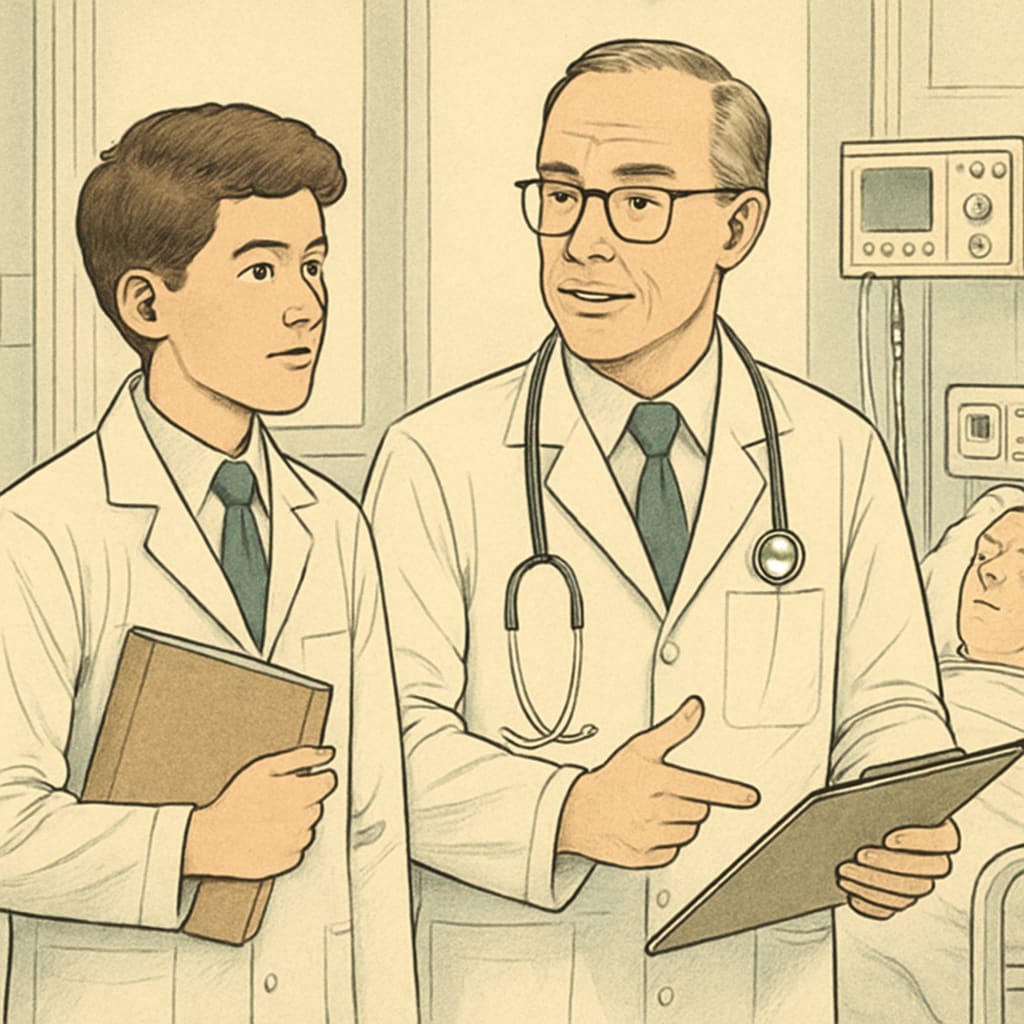 Student shadowing a doctor in a hospital environment to learn about medical careers.