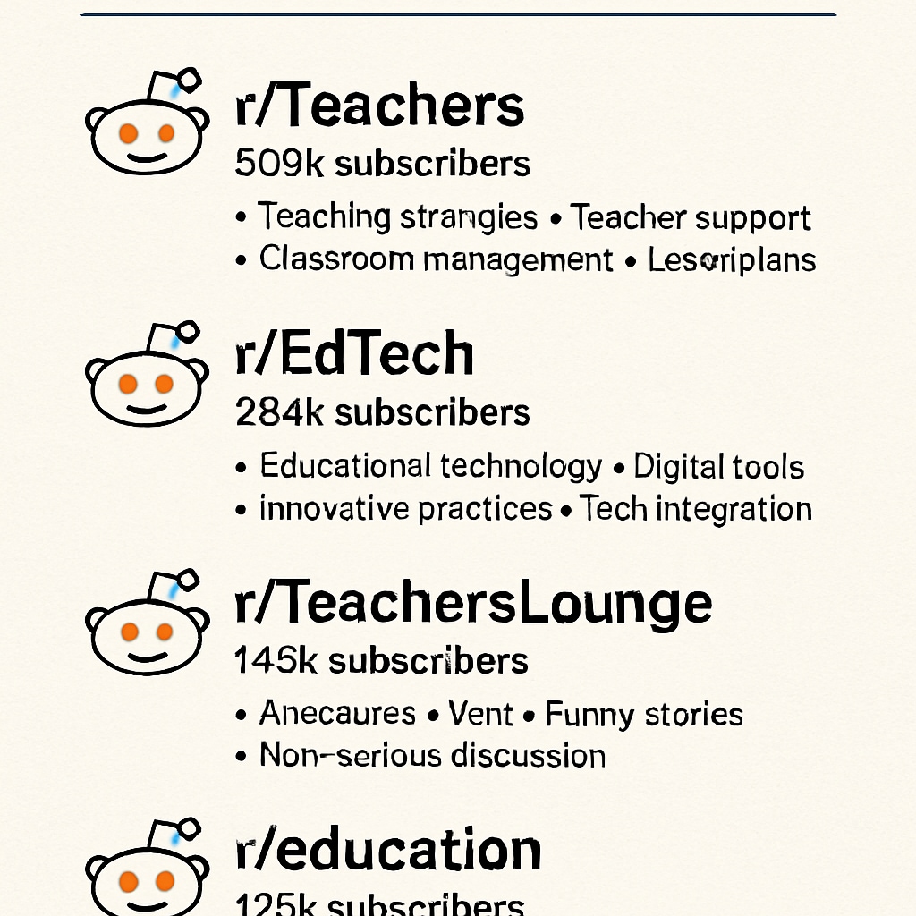 A screenshot or infographic showcasing popular education-related subreddits, such as r/Teachers or r/EdTech, along with their subscriber count and topics. Graphic highlighting popular education-related subreddits like r/Teachers and r/EdTech.