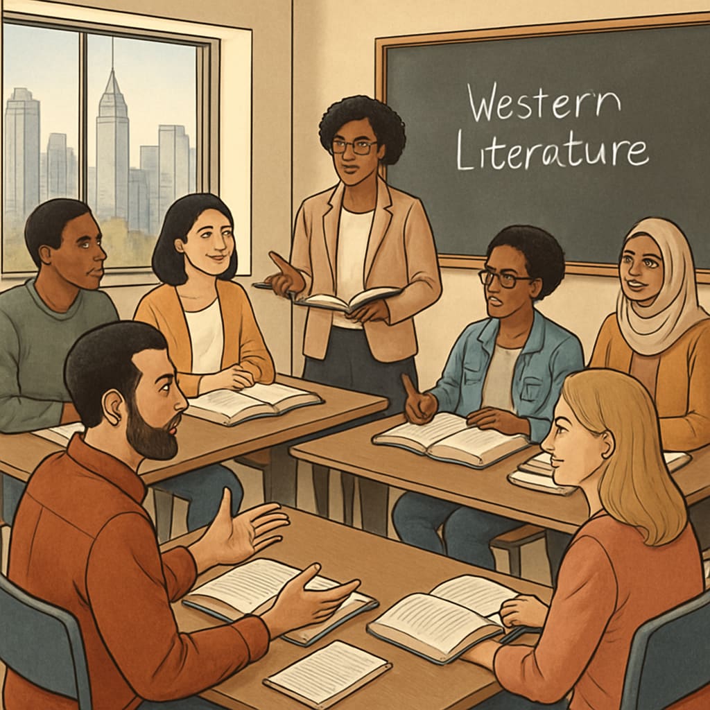 Diverse adult learners in a New York classroom discussing Western literature to adapt to Western culture.