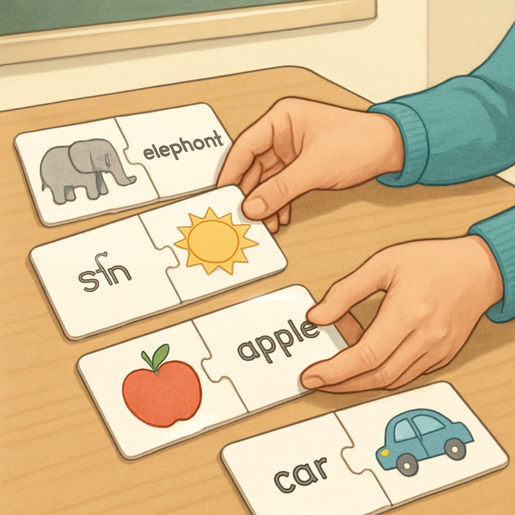 Hands arranging cards for a Zoom activity in the classroom.