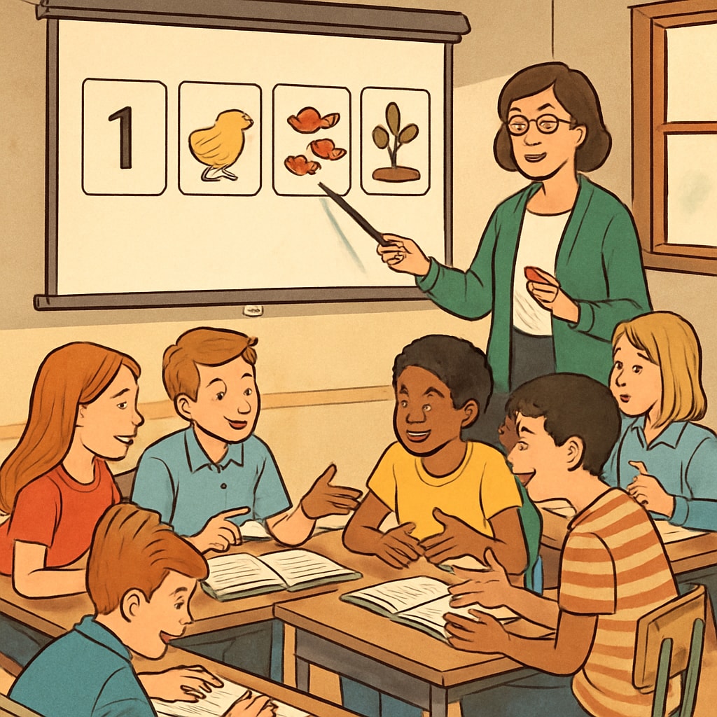 Teacher using visuals for a Zoom/ReZoom activity in a classroom.