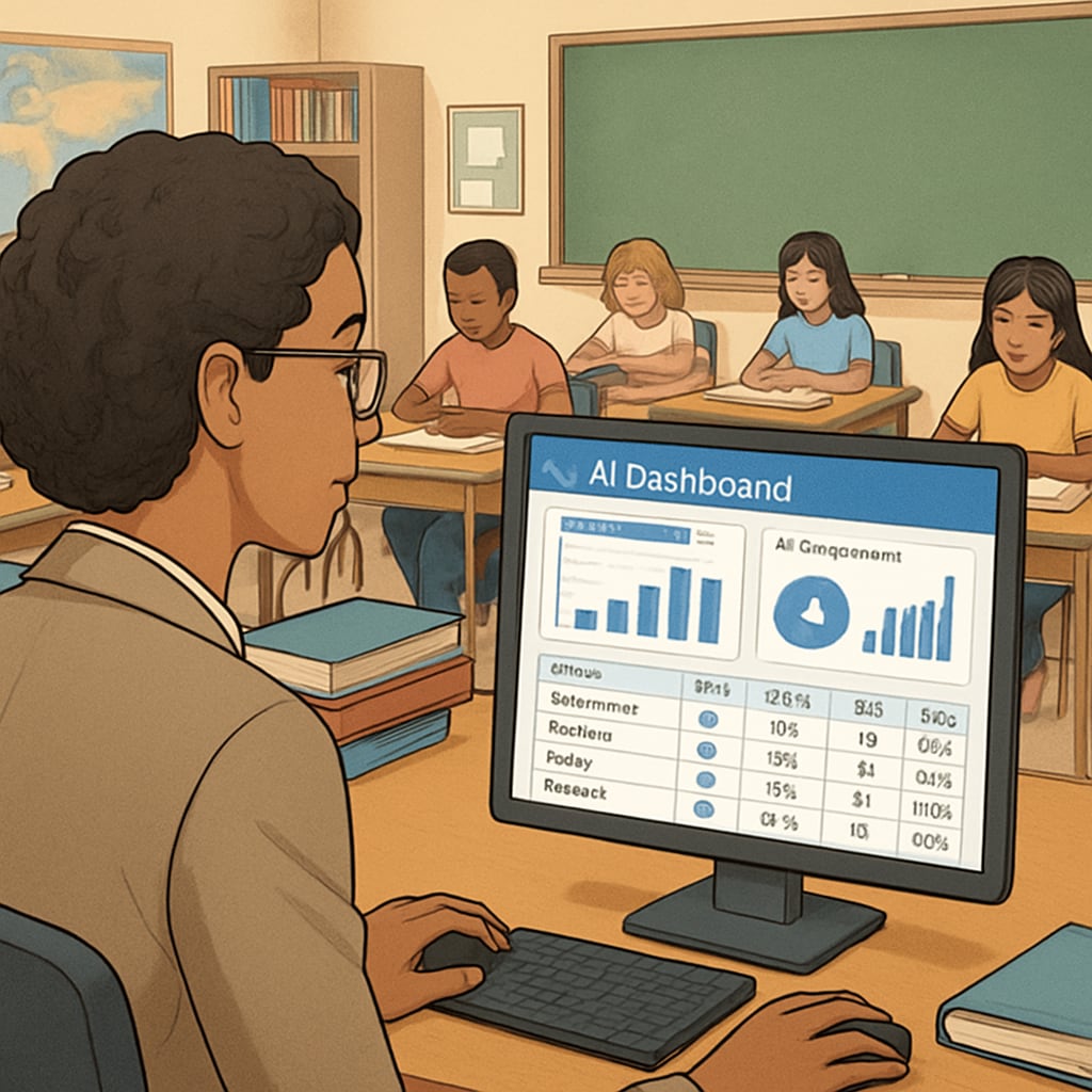 A teacher monitoring student progress using AI tools in a K12 classroom.