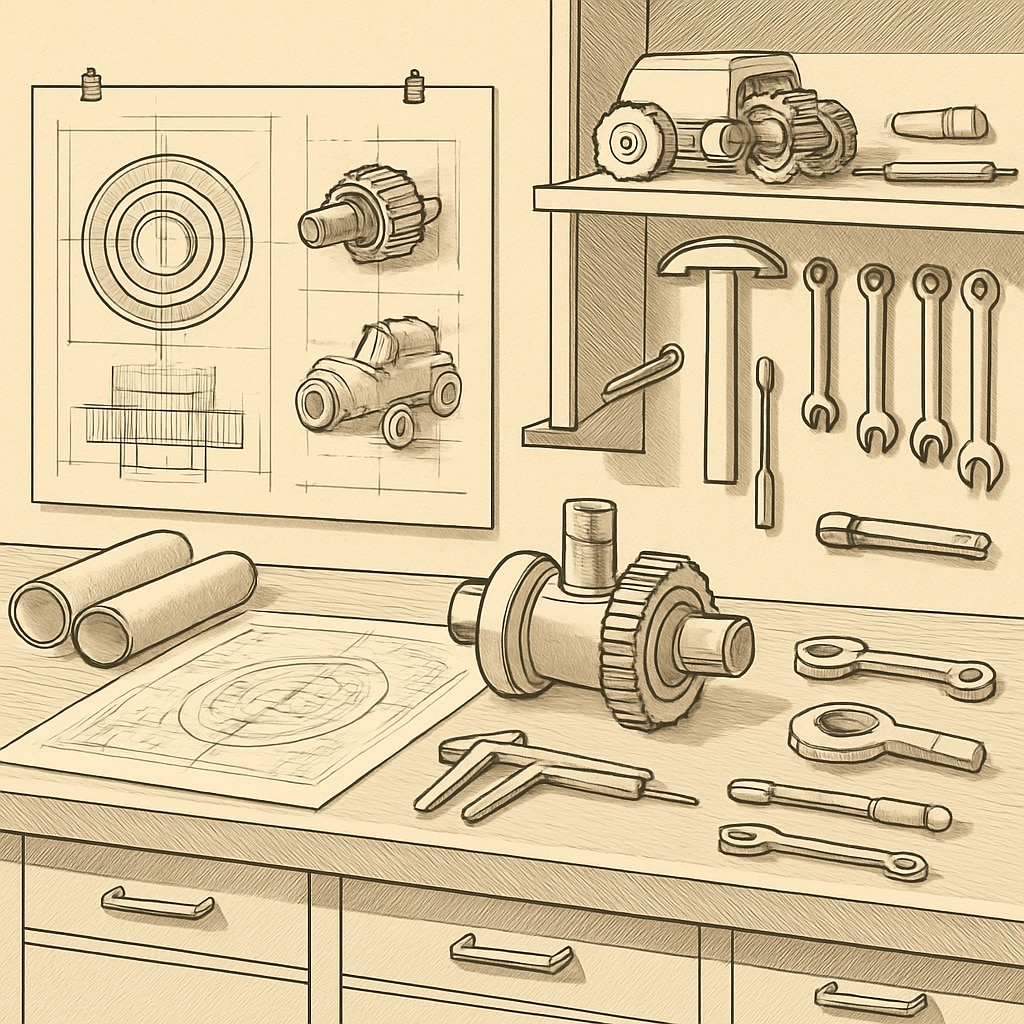 Professional engineering workspace with design prototypes and tools.