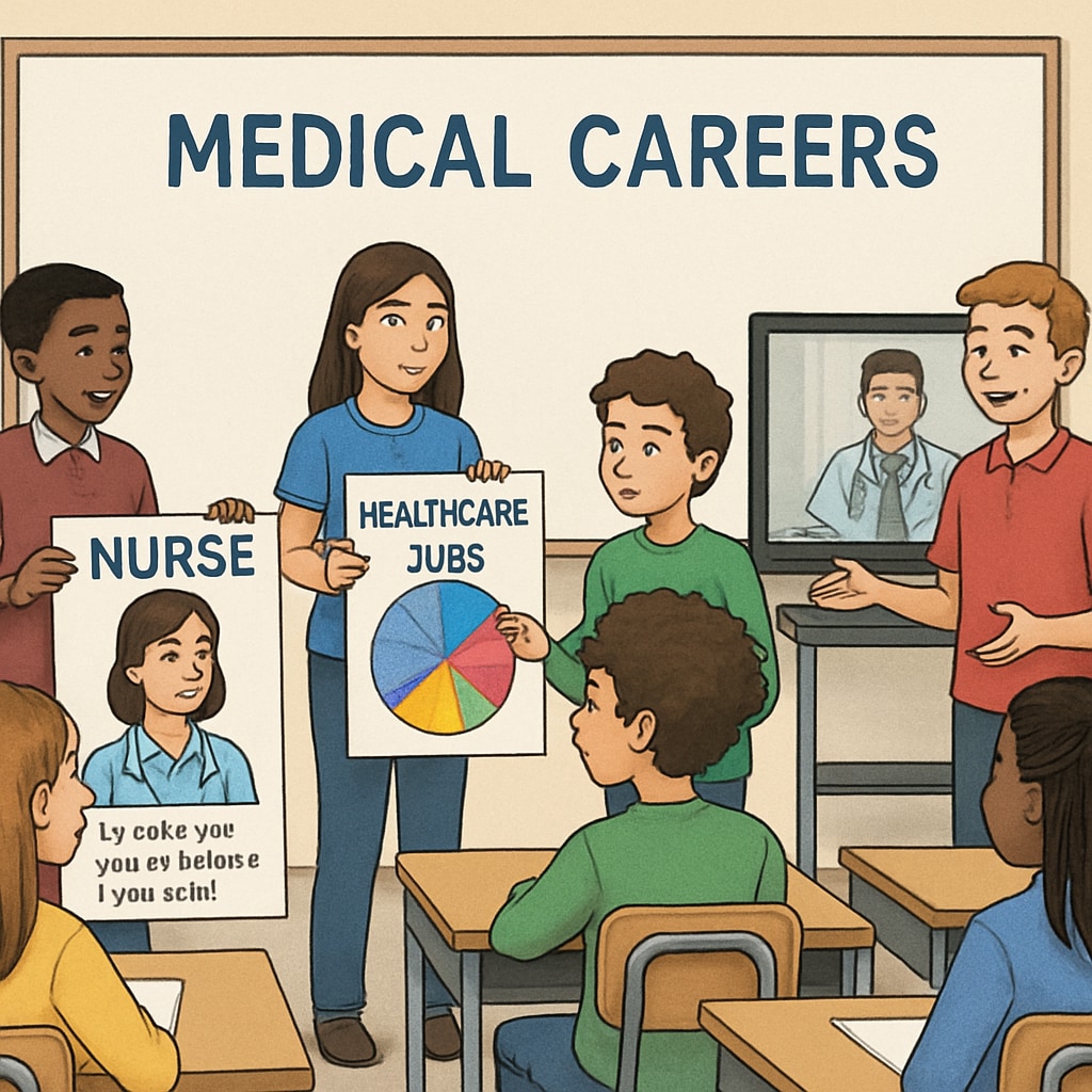Students presenting medical career project findings in a classroom, using posters and multimedia.