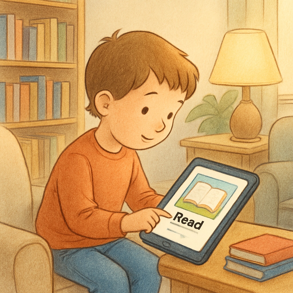 A child using a tablet to explore a reading app in a cozy, well-lit environment. Child interacting with children’s reading app on a tablet.