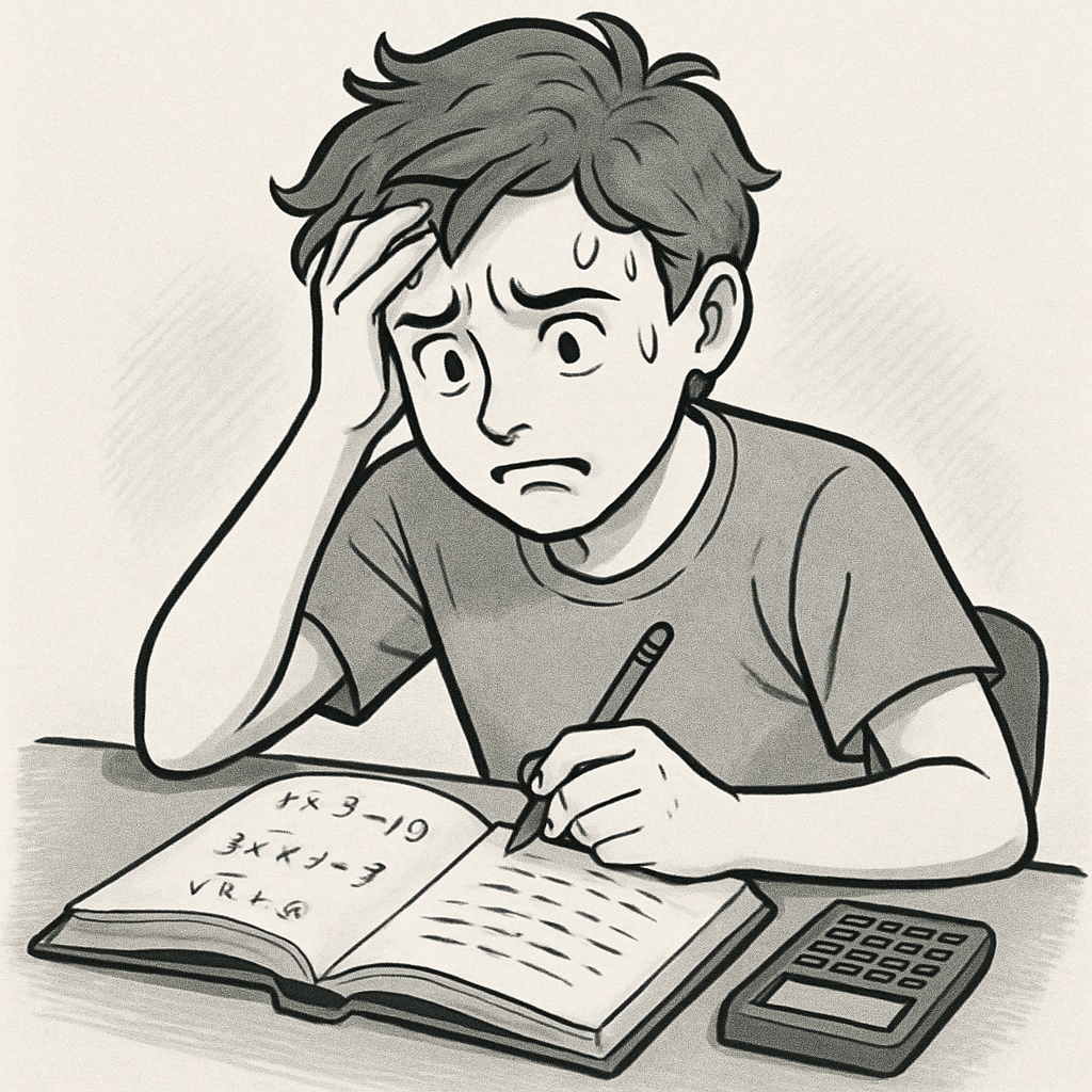 A student experiencing math anxiety during exam preparation.