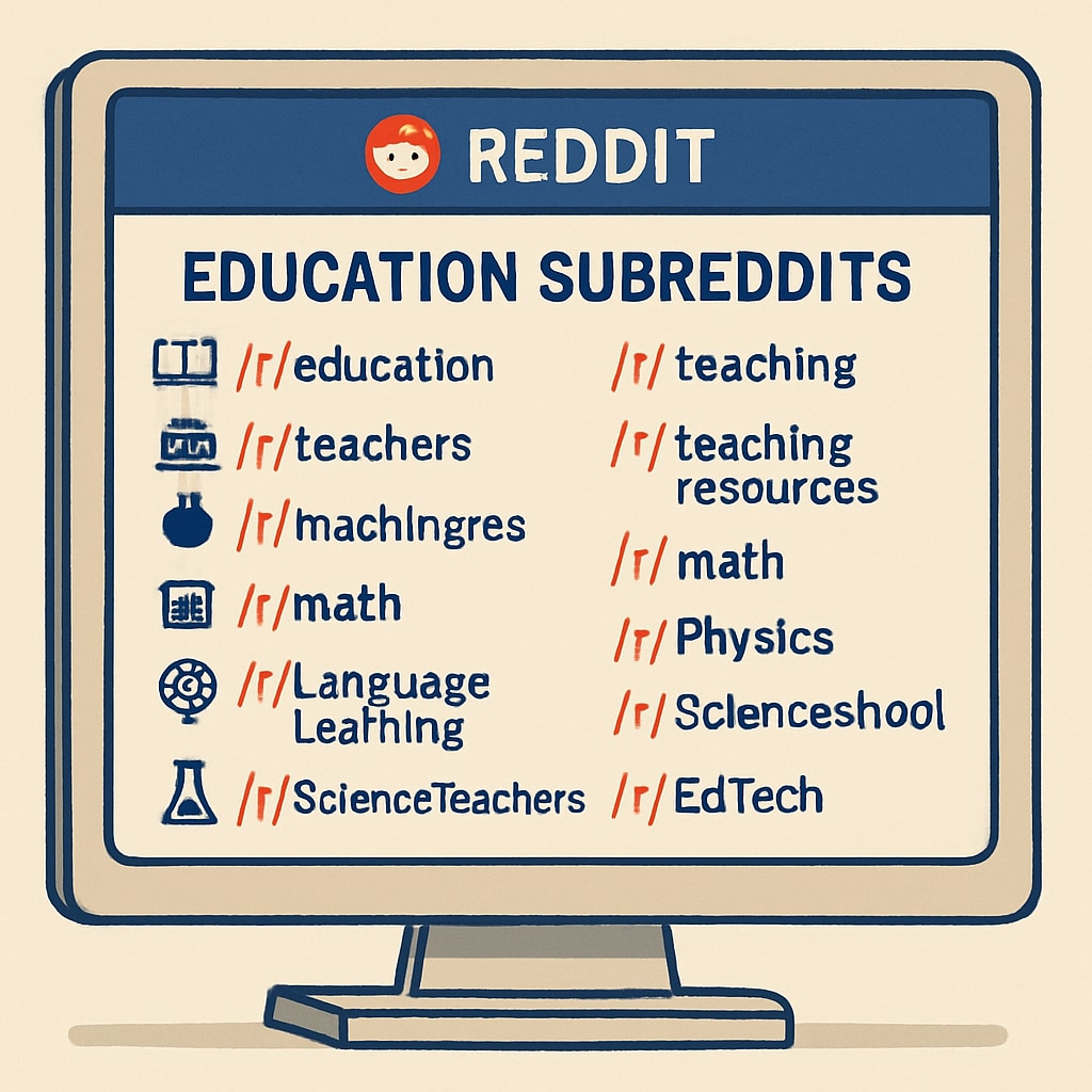 List of education-focused Reddit subreddits displayed on a computer screen.