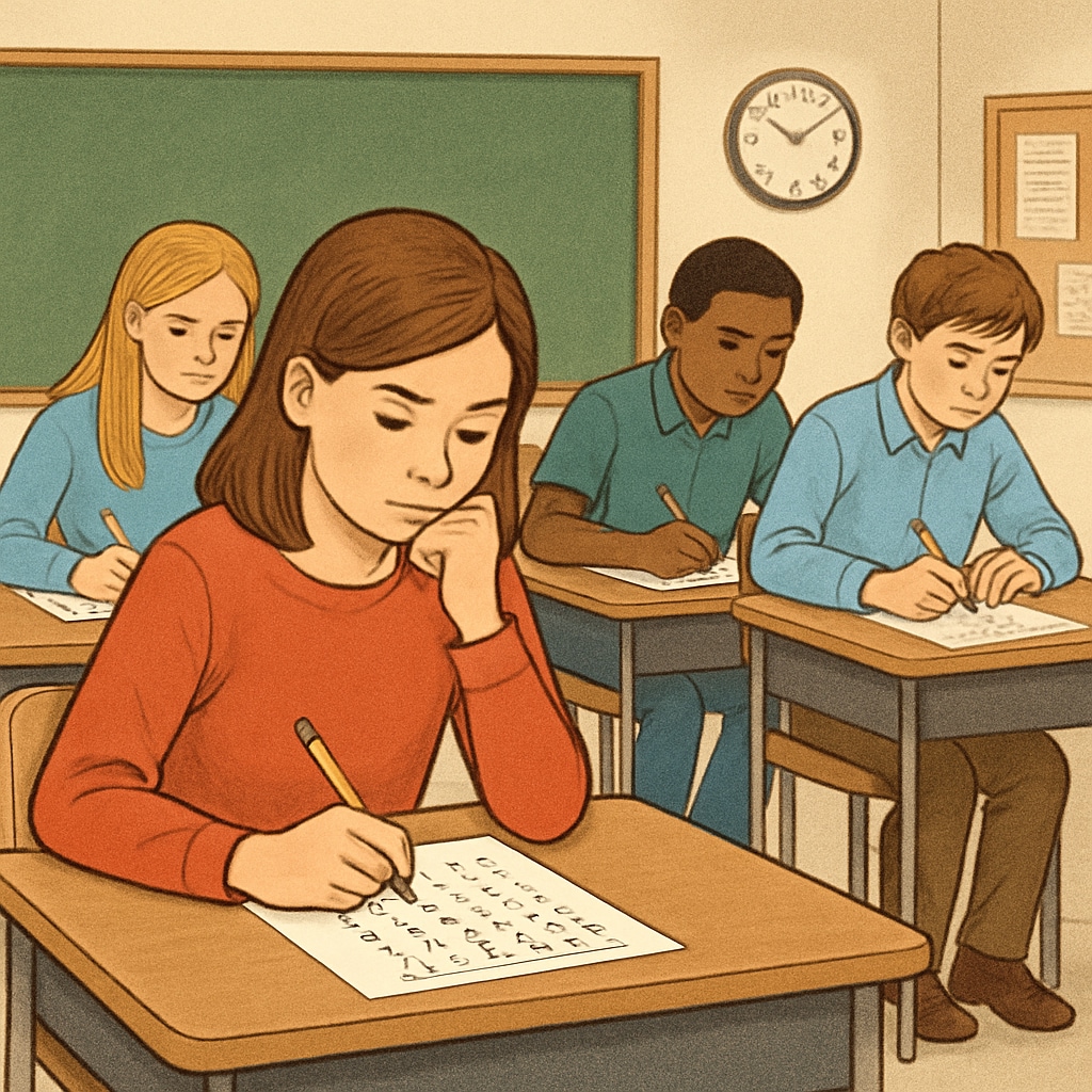 Students taking a math test, showcasing exam stress in a typical school environment.