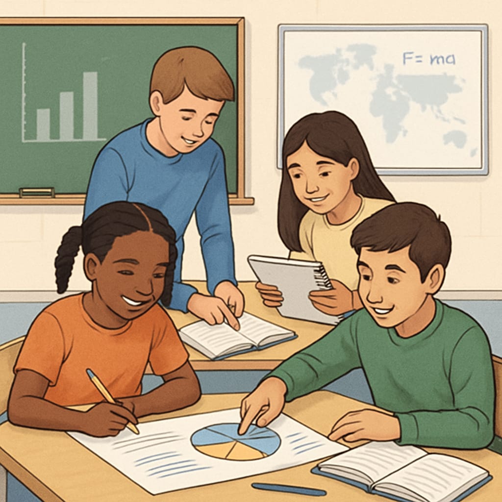 Students collaborating in a classroom, representing diverse learning indicators.
