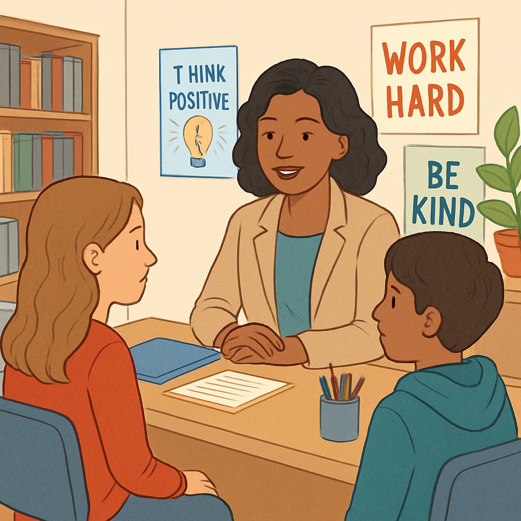 School counselor discussing academic and emotional concerns with students.
