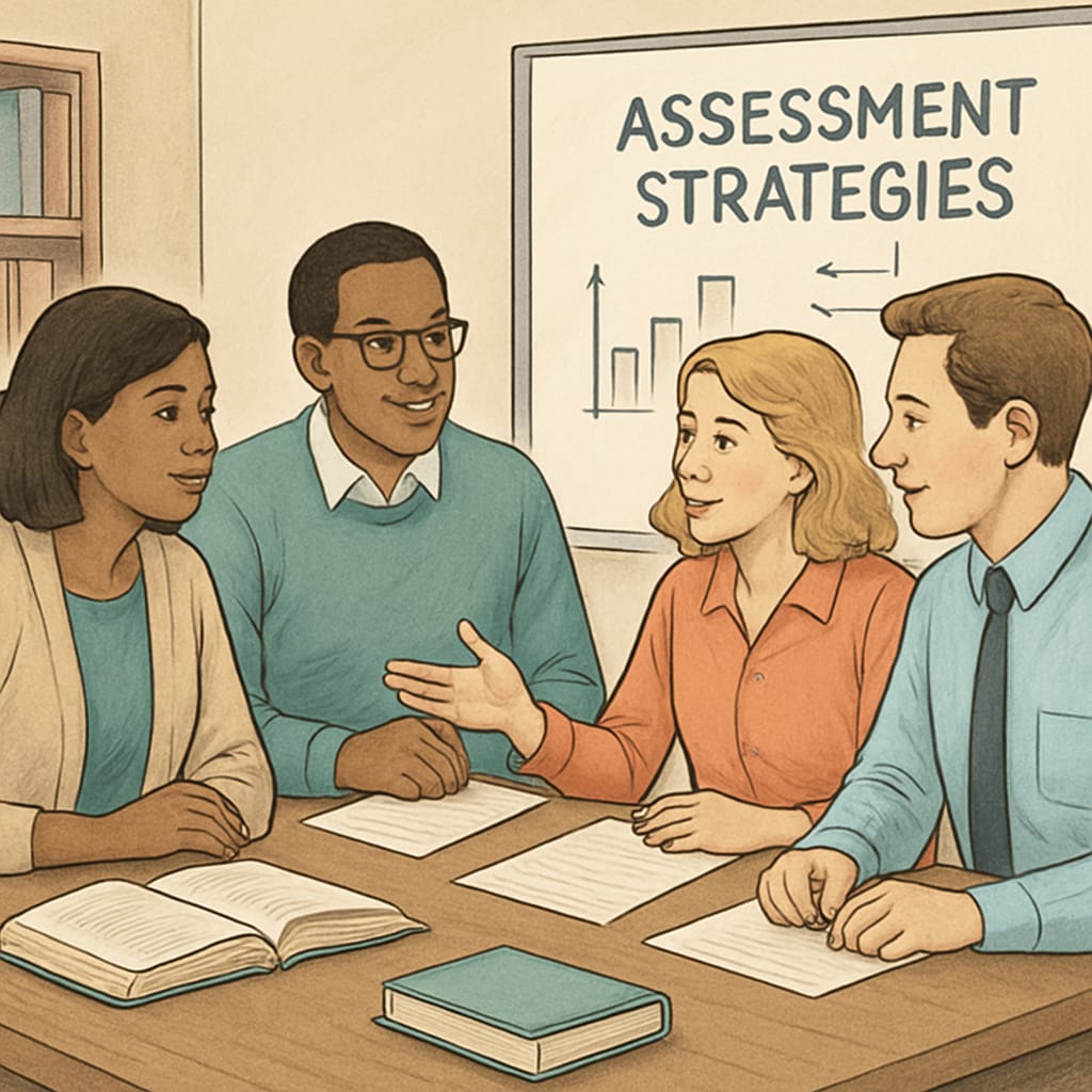 Educators collaborating on assessment strategies, emphasizing multi-dimensional learning.
