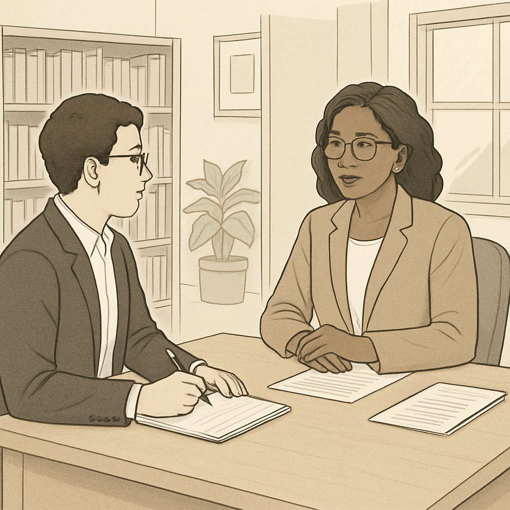 Graduate student interviewing a school counselor for research purposes.