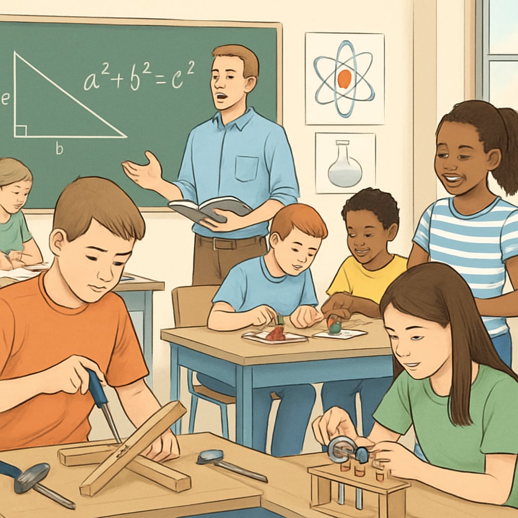 Students learning technical skills alongside traditional subjects in a classroom setting.
