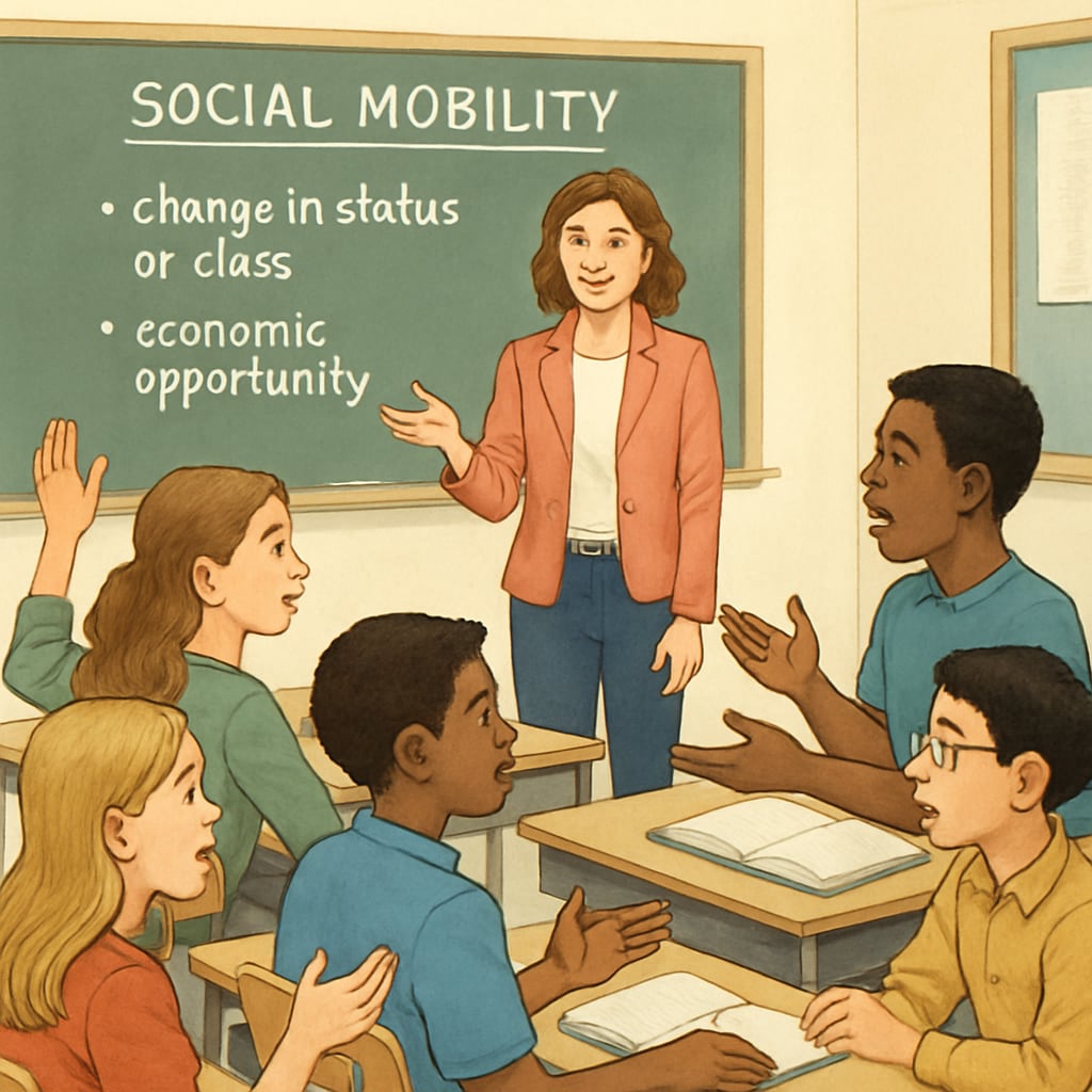 A classroom discussion on social studies, with students engaging in a debate about social mobility. Students discussing social mobility in a classroom setting, reflecting on class systems and societal structures.