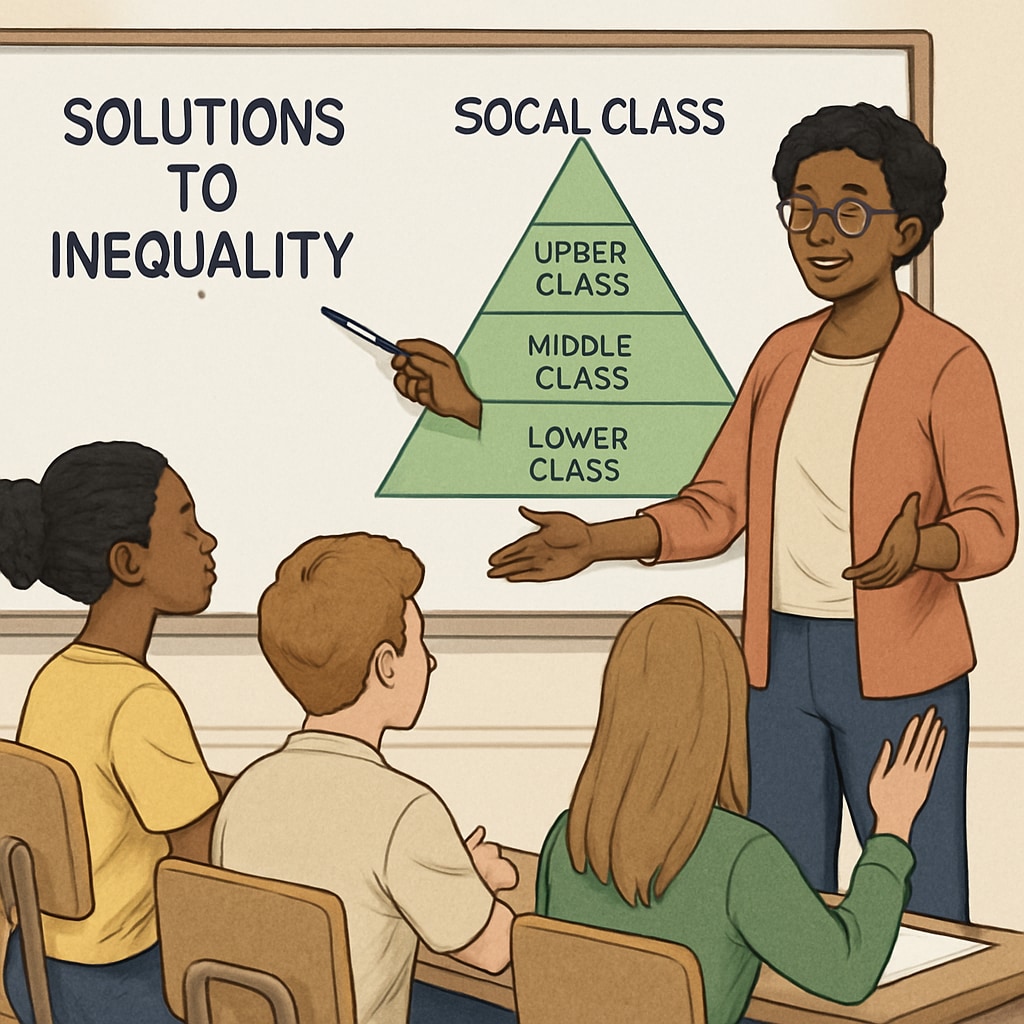 A teacher pointing to a diagram of social class structures, encouraging students to discuss potential solutions to inequality. A teacher using a class diagram to explain social mobility and encourage problem-solving.