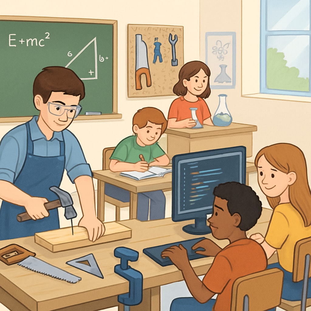 Students practicing vocational skills while studying academic subjects in a classroom setting.