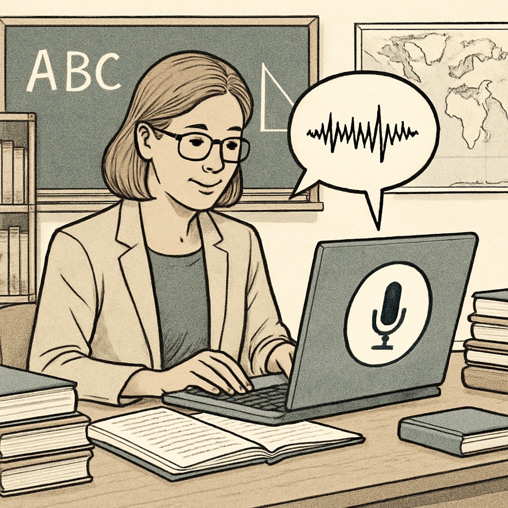 Teacher utilizing speech recognition for feedback in education workflow.