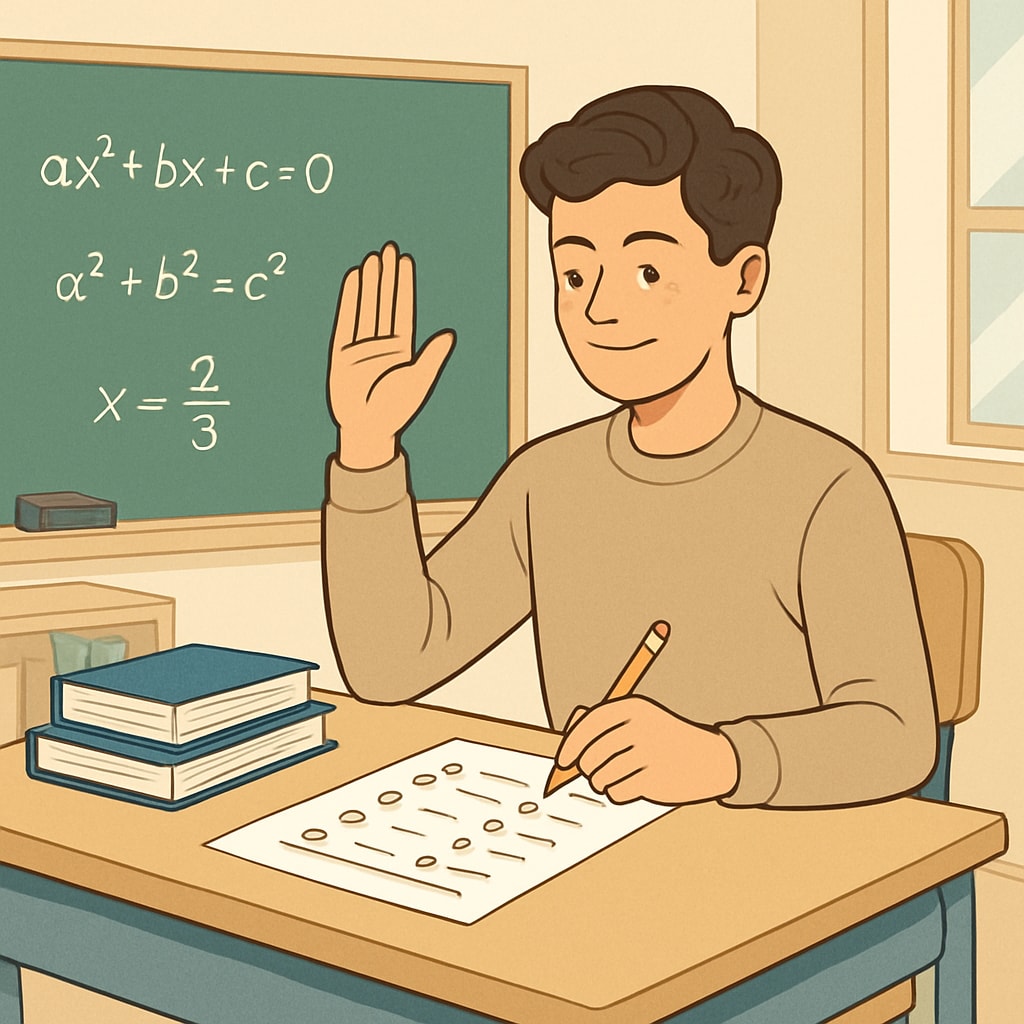A confident student tackling multiple-choice math questions with reduced anxiety.