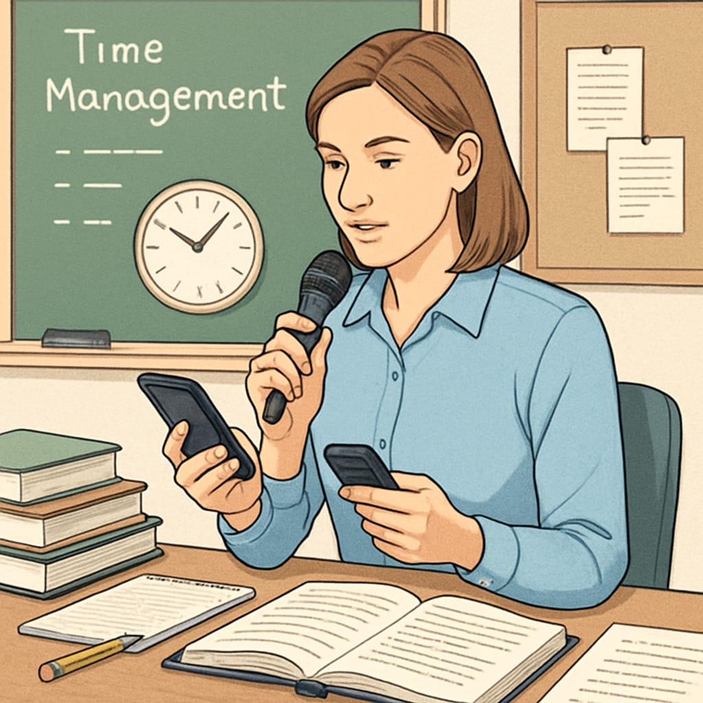 Teacher using speech recognition technology for lesson planning and time management.