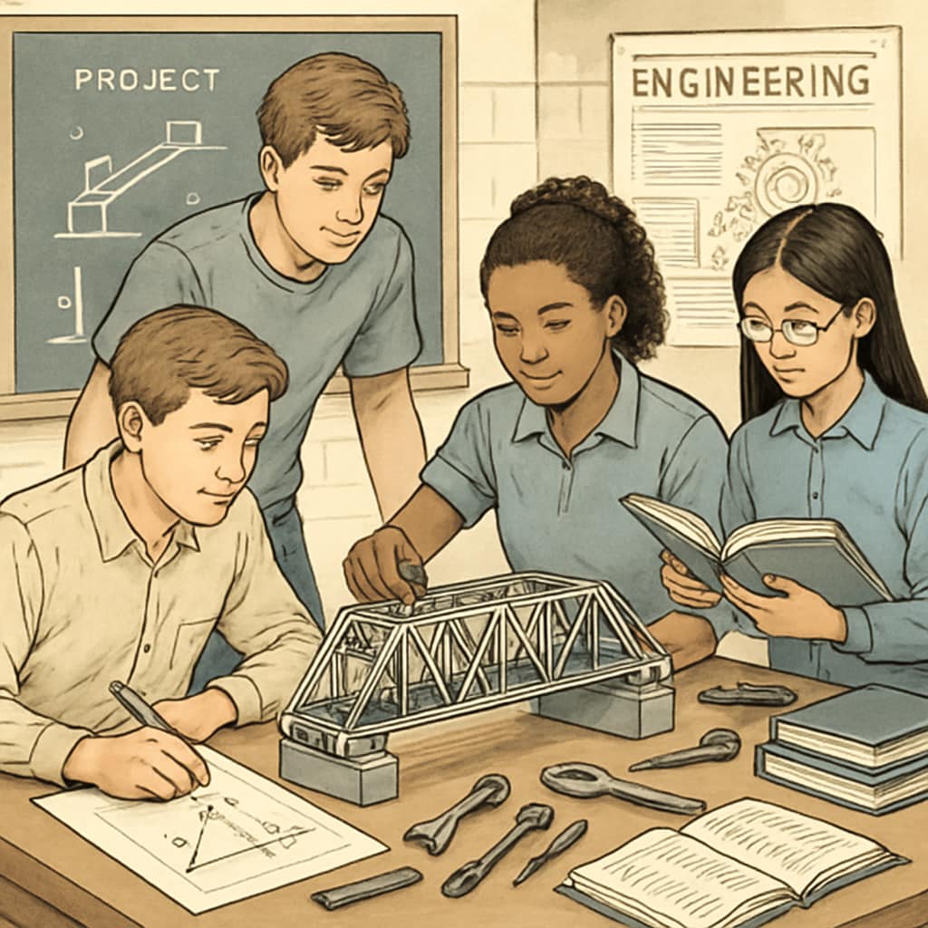 Students engaged in a project that integrates vocational training and academic learning.
