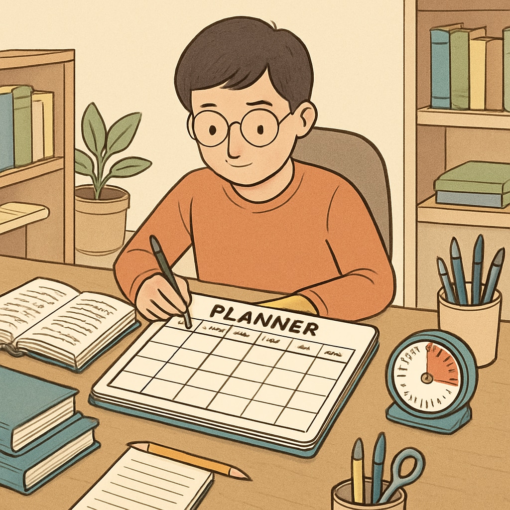 ADHD student managing their study schedule with a planner and timer.