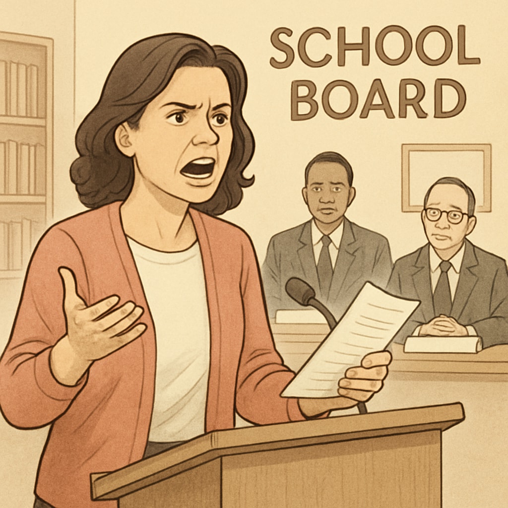 Parent discussing child safety concerns at a school board meeting.