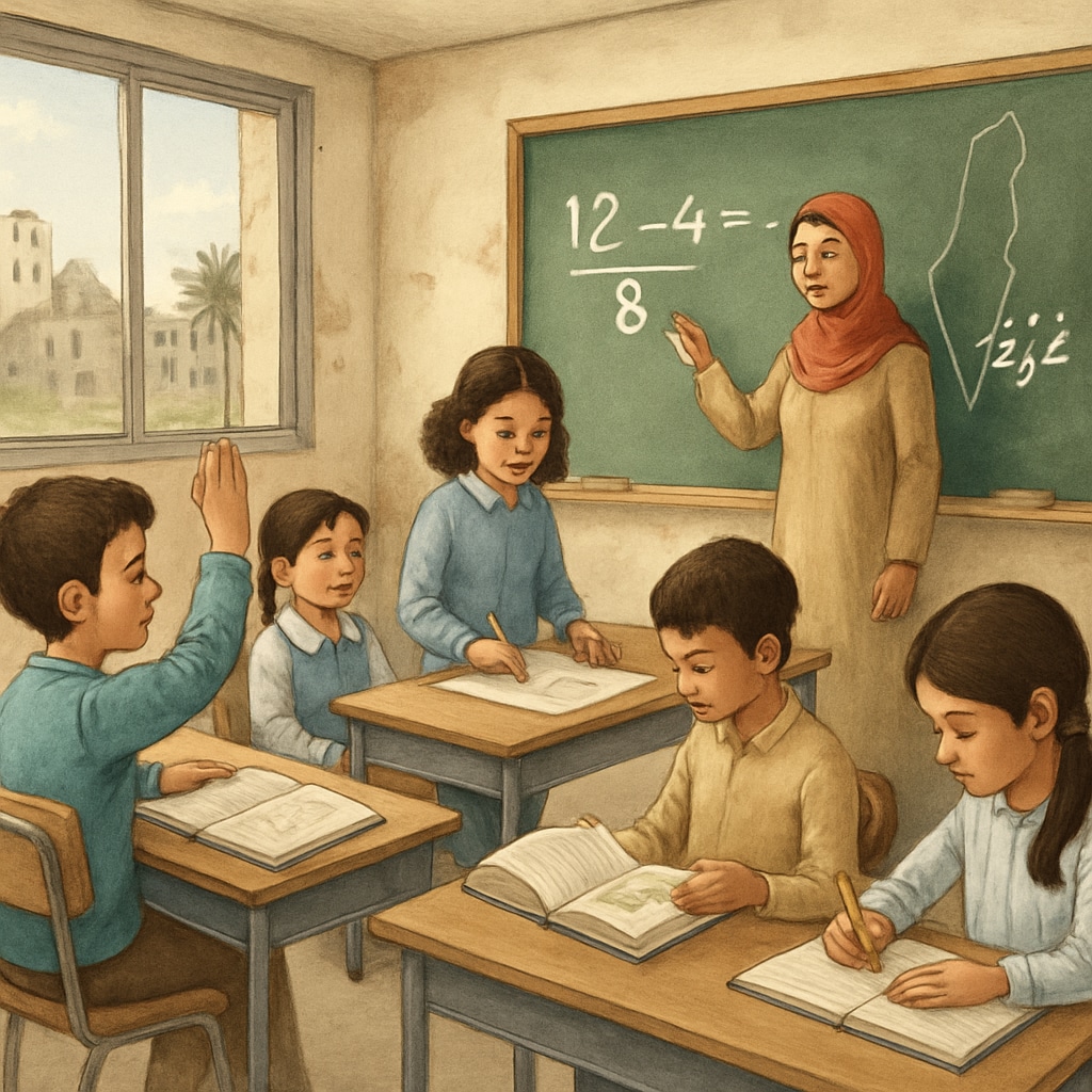 Gaza classroom with students participating in a lesson on science and social studies